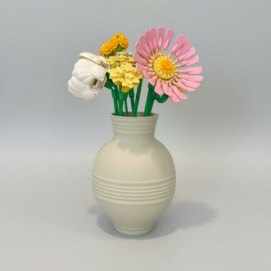 Bone white Peony round striped vase for LEGO and artificial flowers