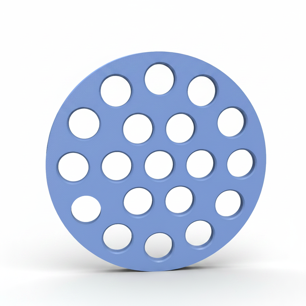 Blue circular object with multiple holes on a gray background