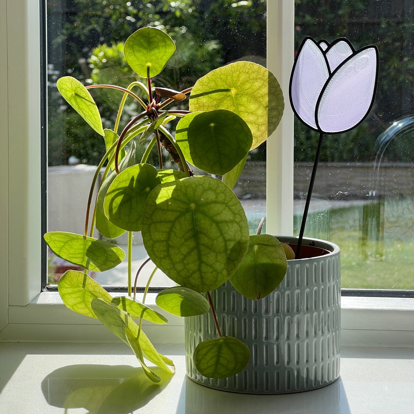 Lilac tulip decorative stem displayed in a houseplant pot beside a sunny window.