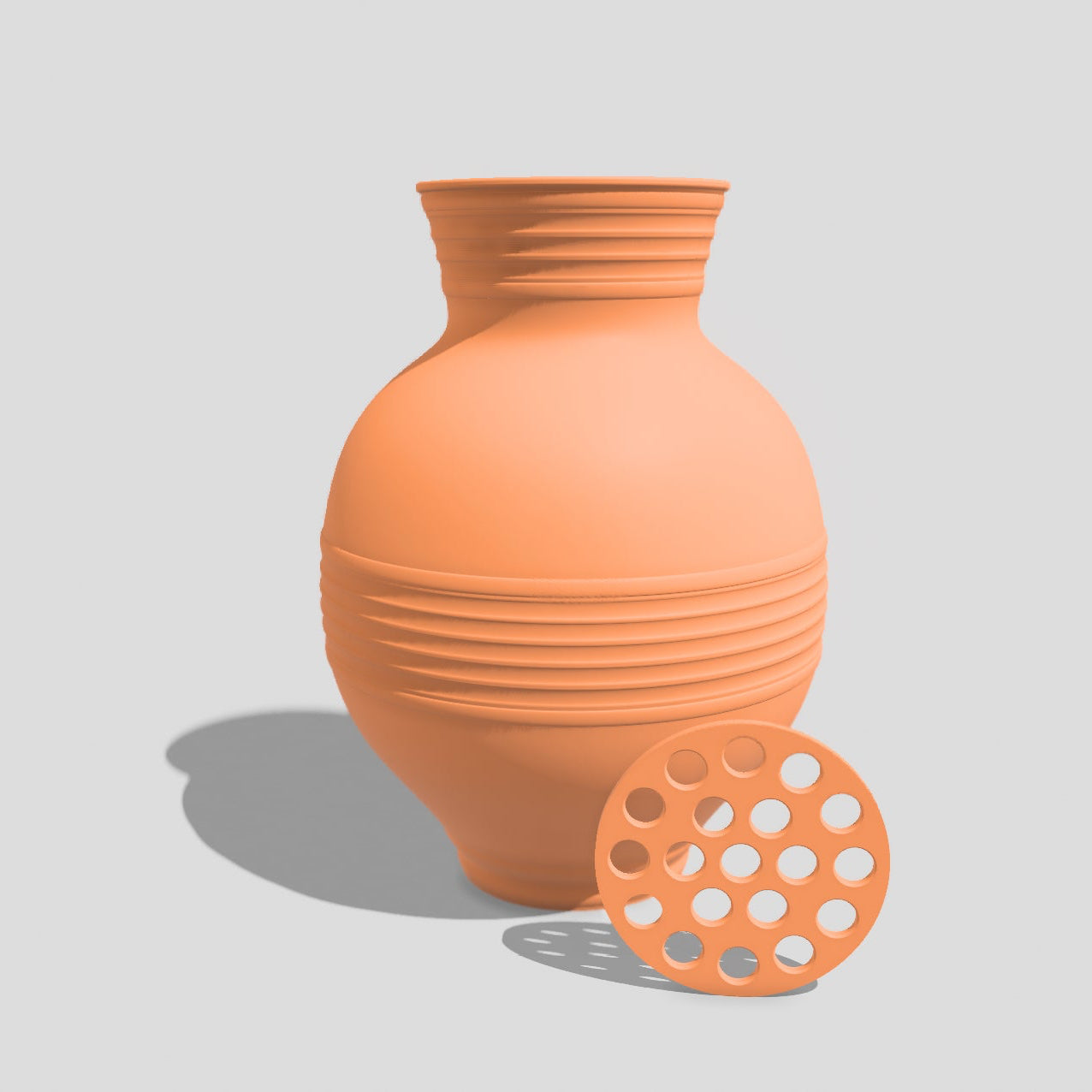 Orange vase with a textured surface on a light gray background