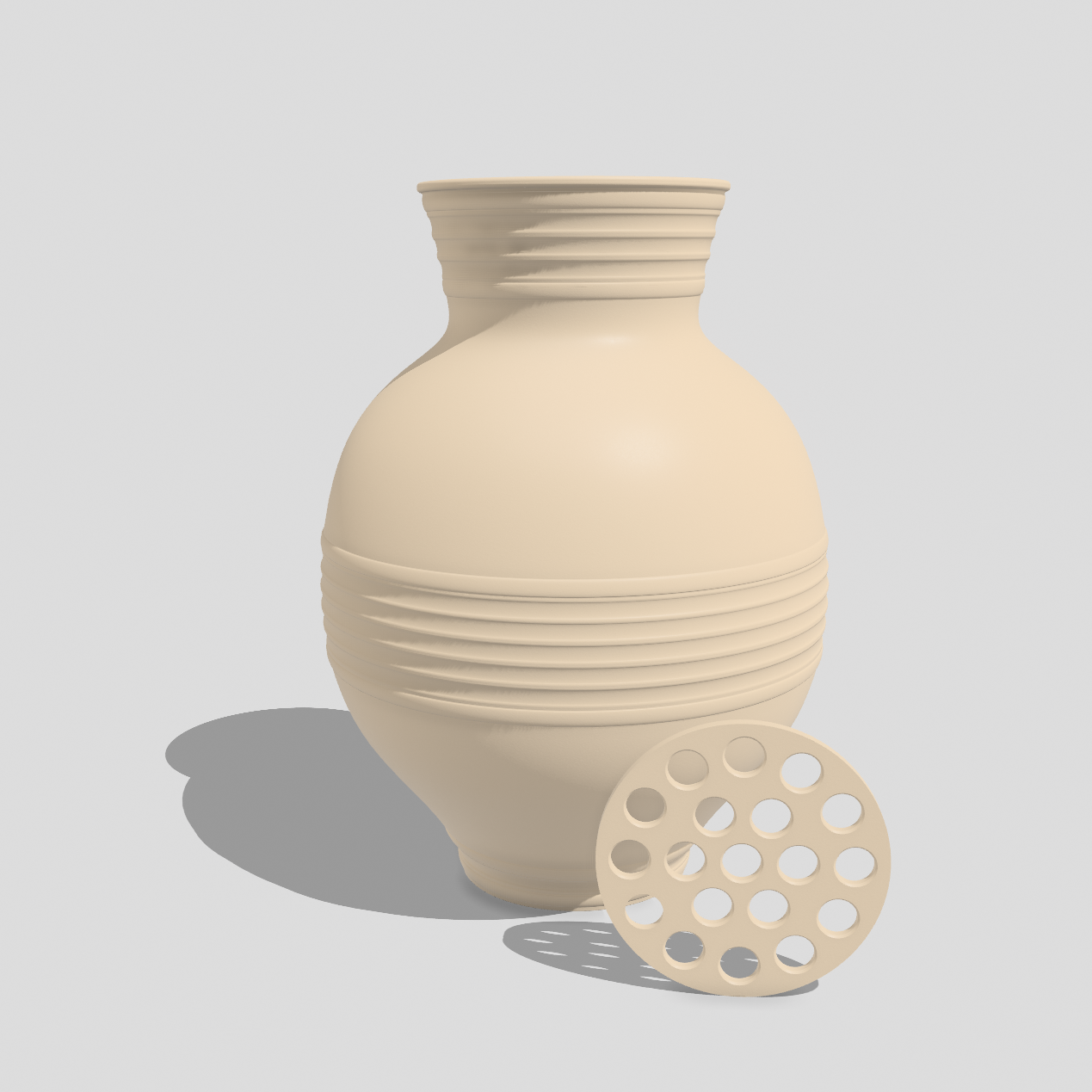 Large decorative flower vase in beige with removable stem holder