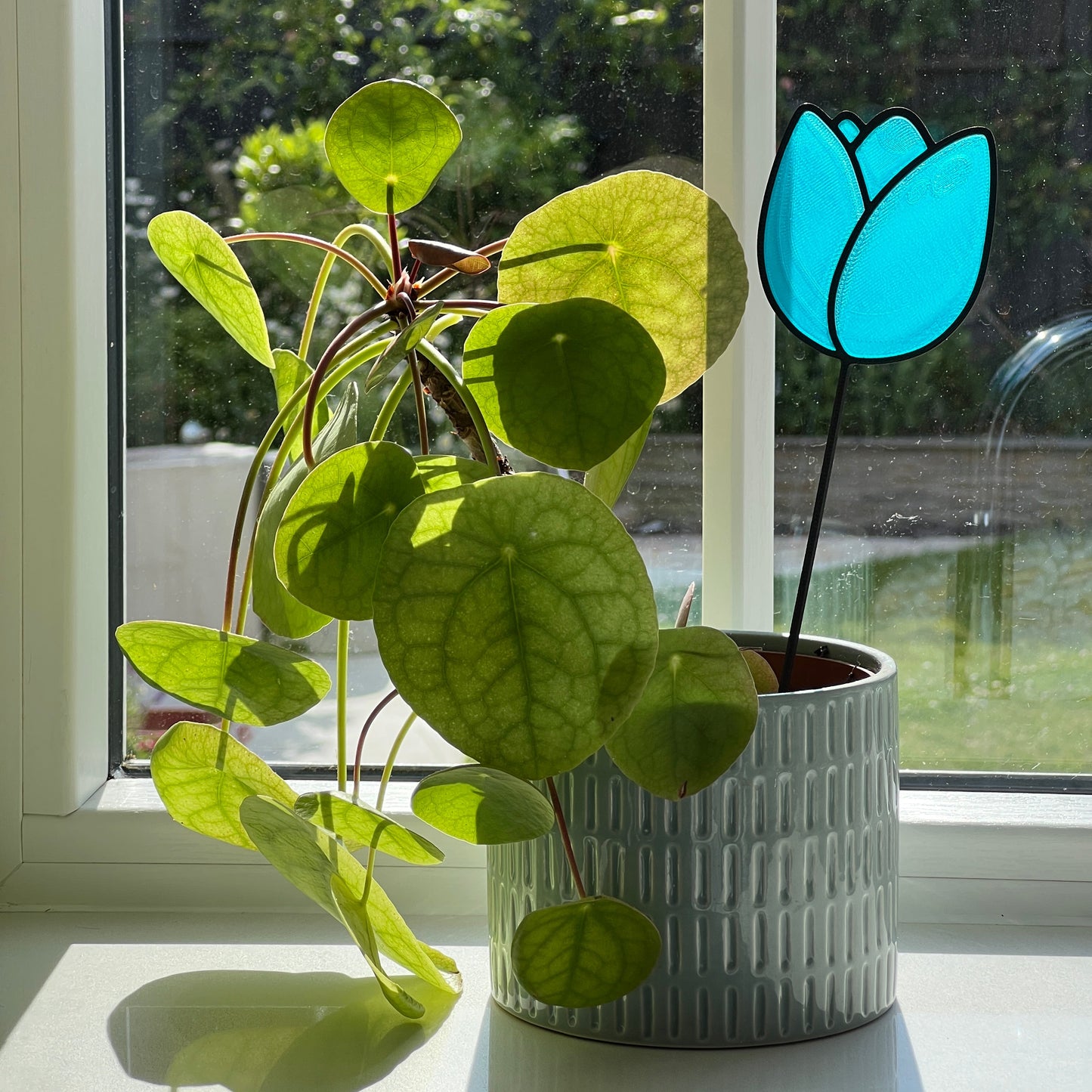 Turquoise tulip decorative stem displayed in a houseplant pot beside a sunny window.