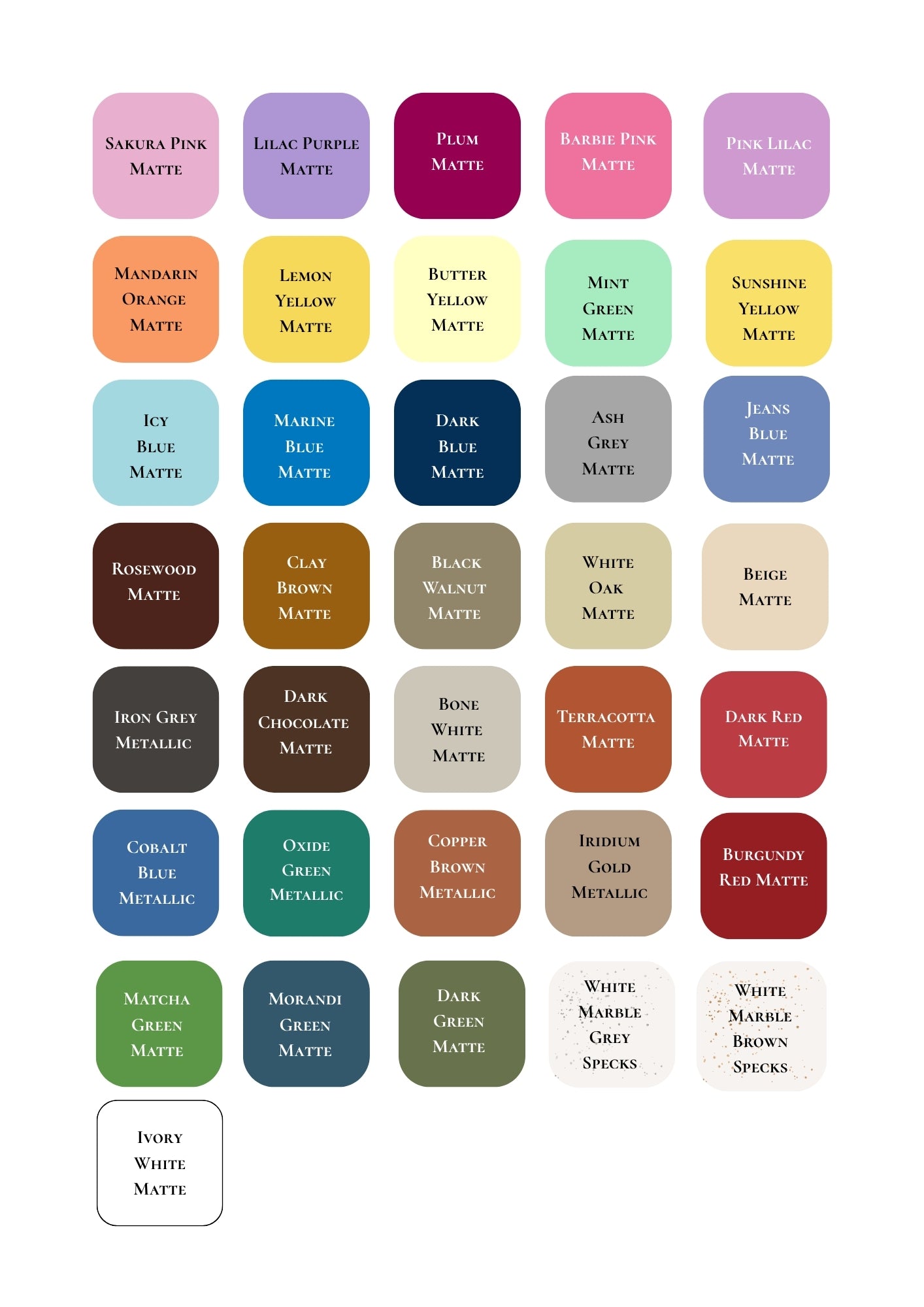 Color swatch chart with various color names and codes on a white background