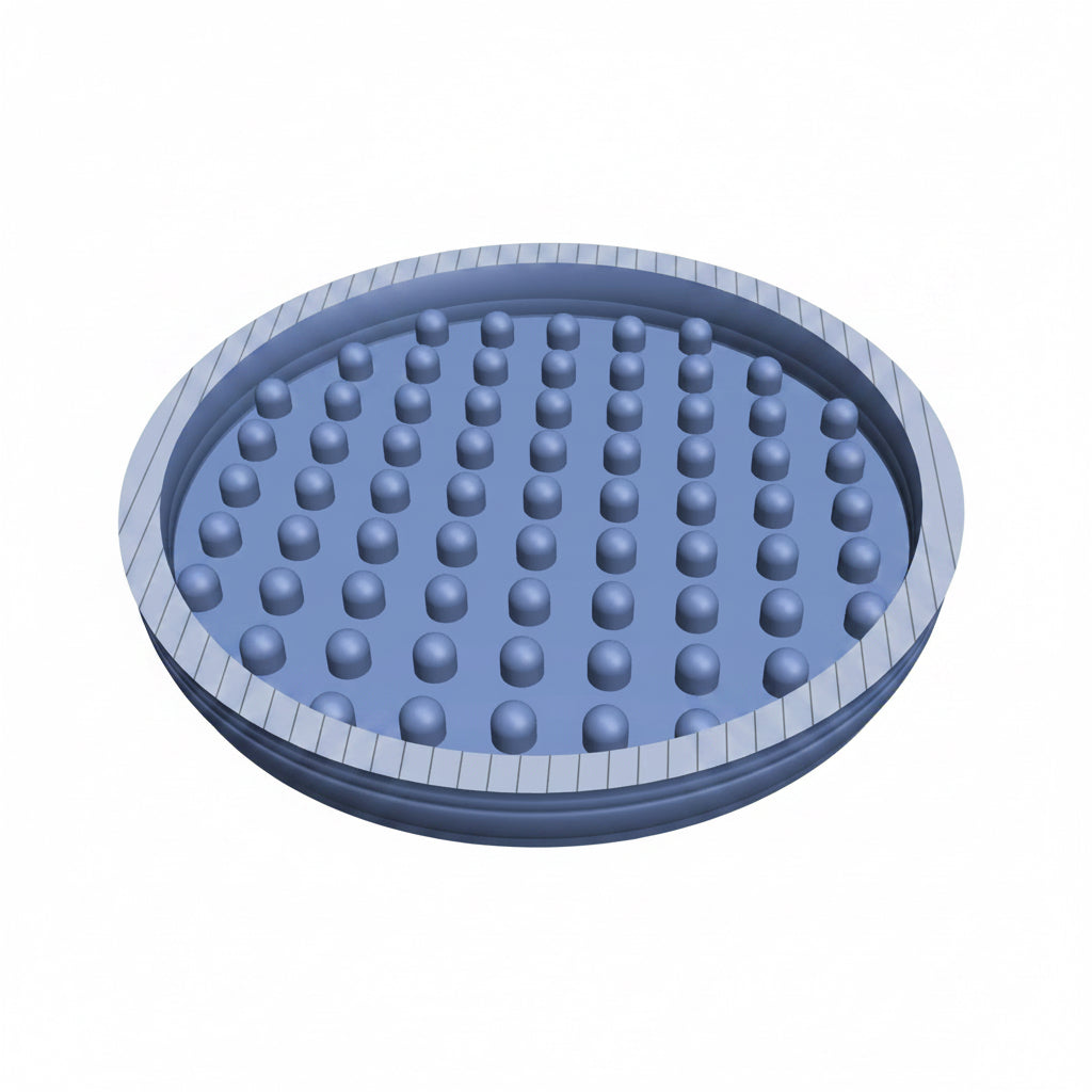 Blue circular object with a textured surface on a white background
